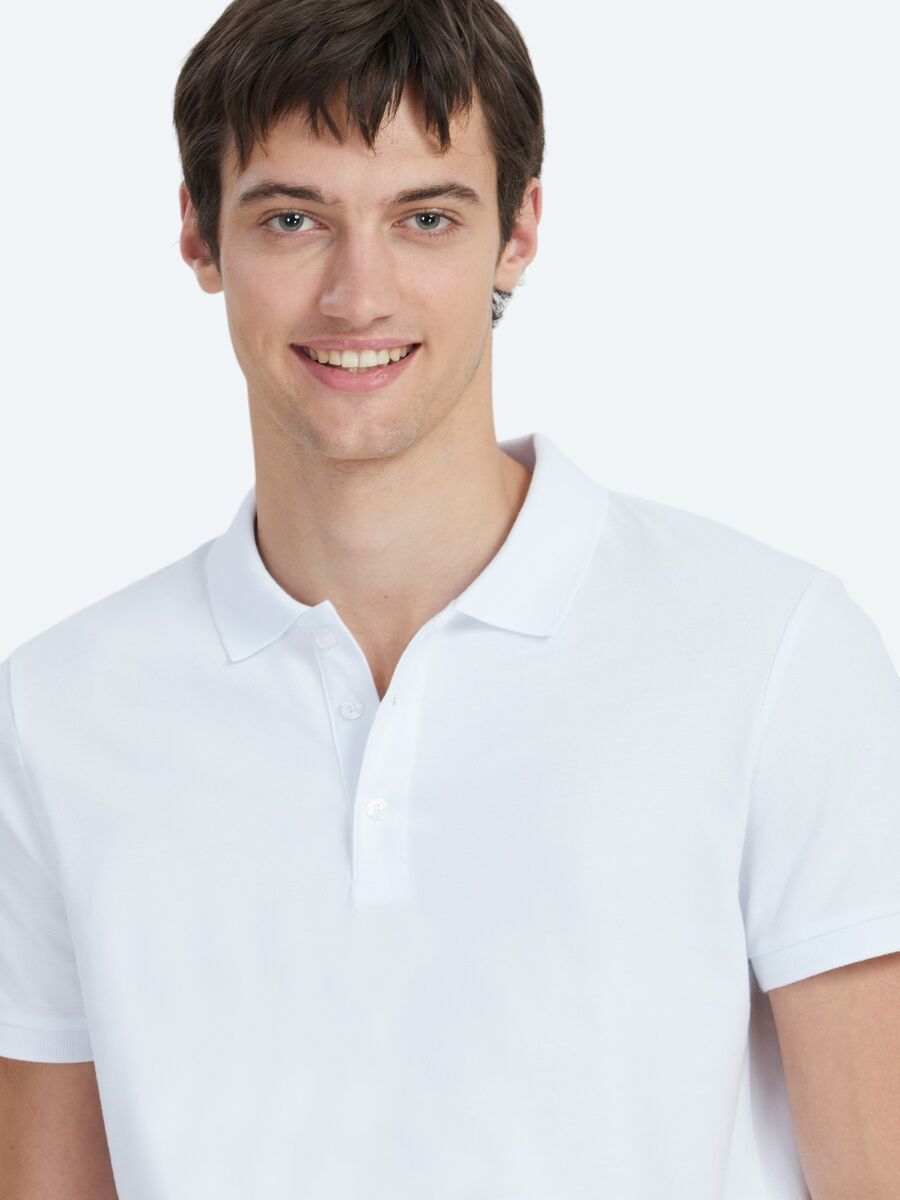Beyaz Düz Polo Yaka %100 Pamuk T-Shirt - 3