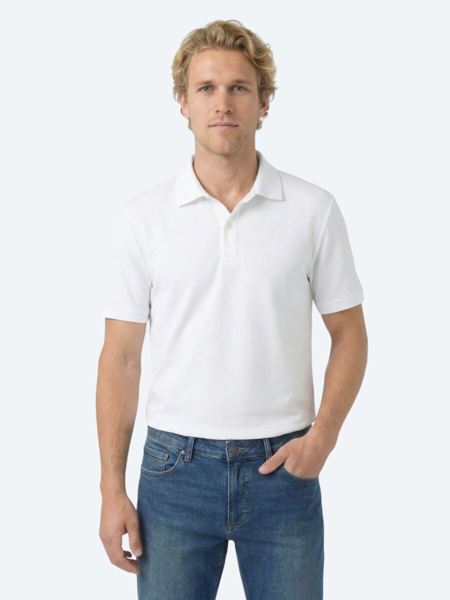 Beyaz Düz Polo Yaka Pamuk Karışımlı T-Shirt - 1