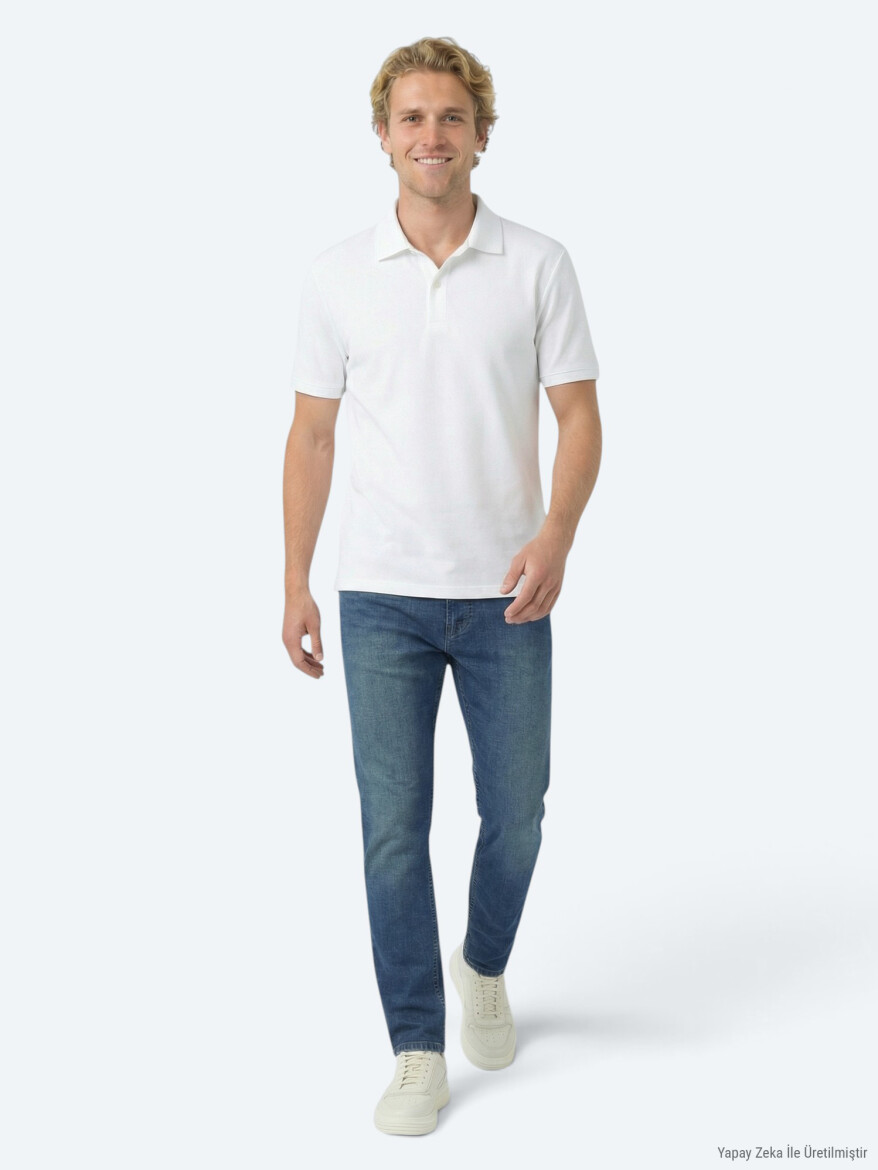 Beyaz Düz Polo Yaka Pamuk Karışımlı T-Shirt - 2