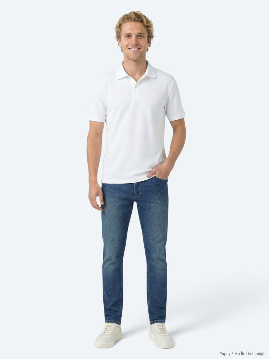 Beyaz Düz Polo Yaka Pamuk Karışımlı T-Shirt - 3