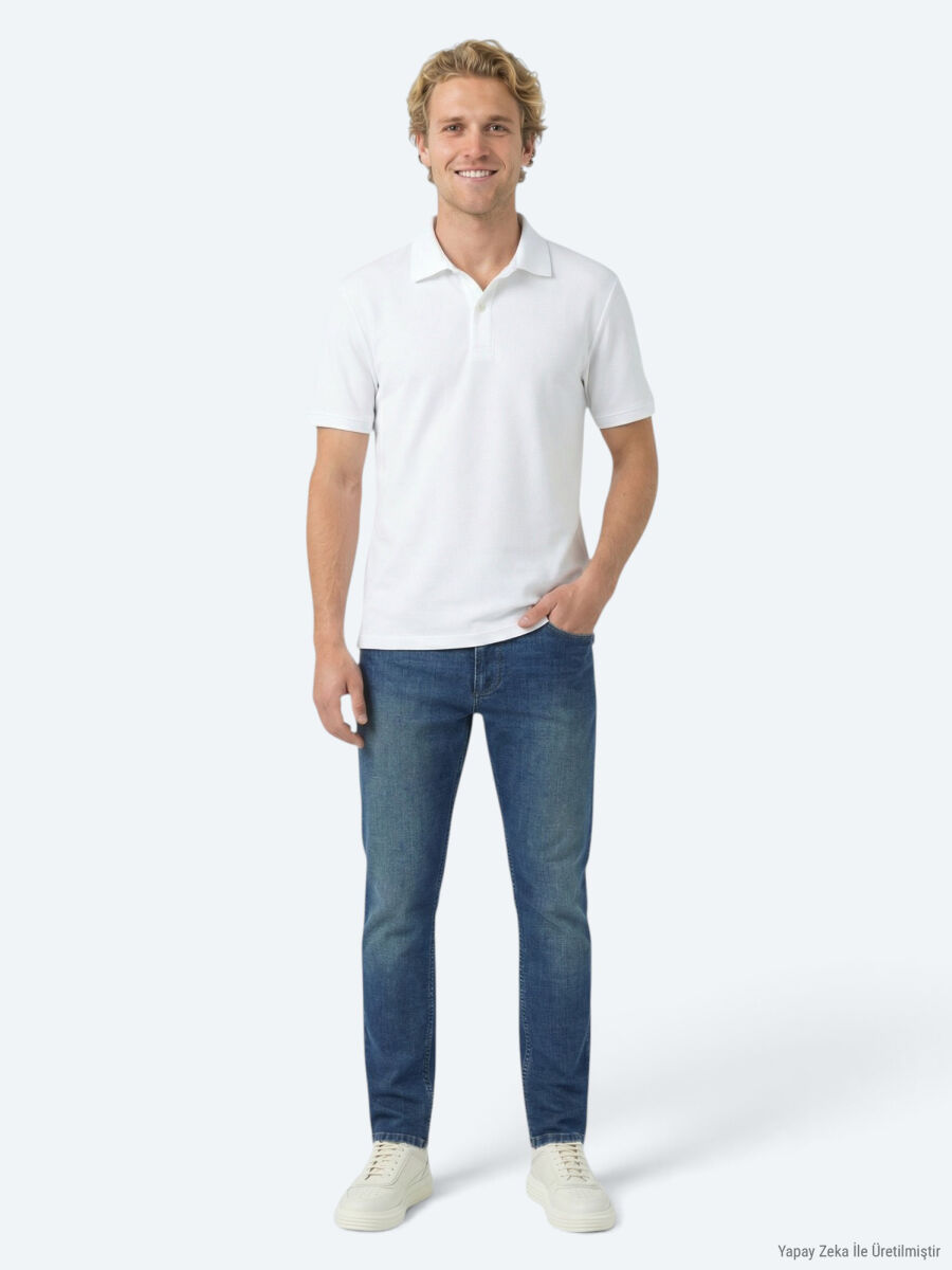 Beyaz Düz Polo Yaka Pamuk Karışımlı T-Shirt - 3