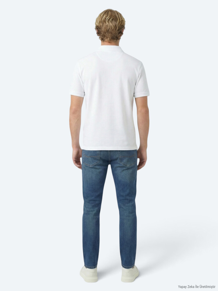 Beyaz Düz Polo Yaka Pamuk Karışımlı T-Shirt - 4