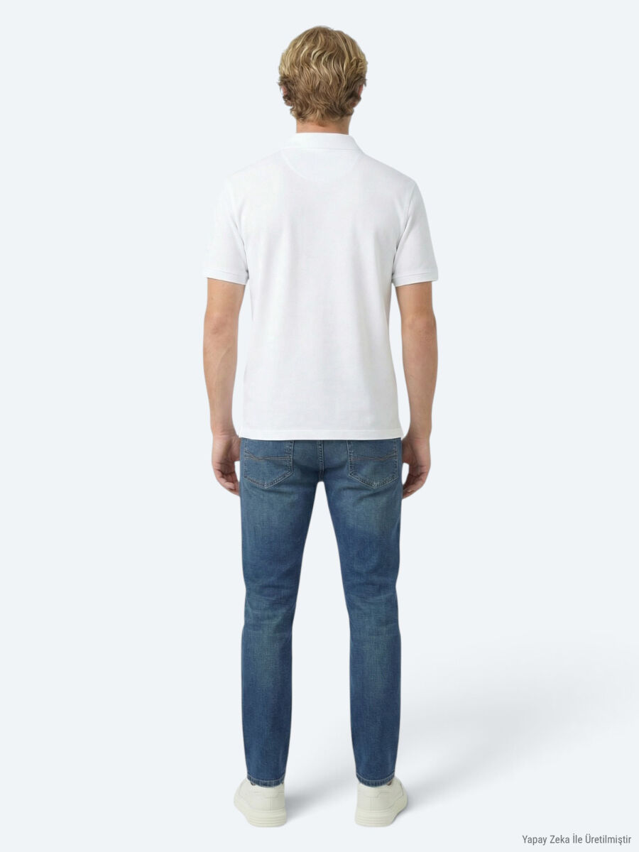 Beyaz Düz Polo Yaka Pamuk Karışımlı T-Shirt - 4