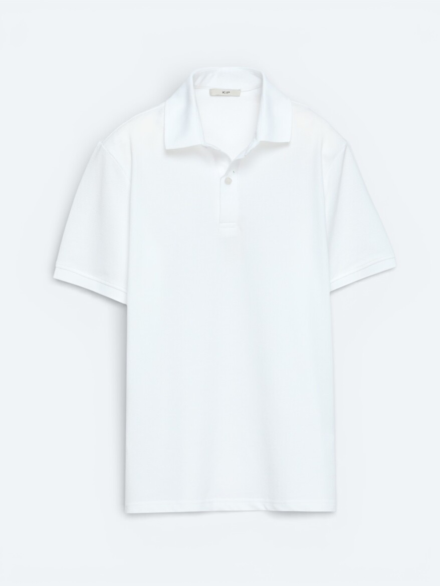 Beyaz Düz Polo Yaka Pamuk Karışımlı T-Shirt - 5
