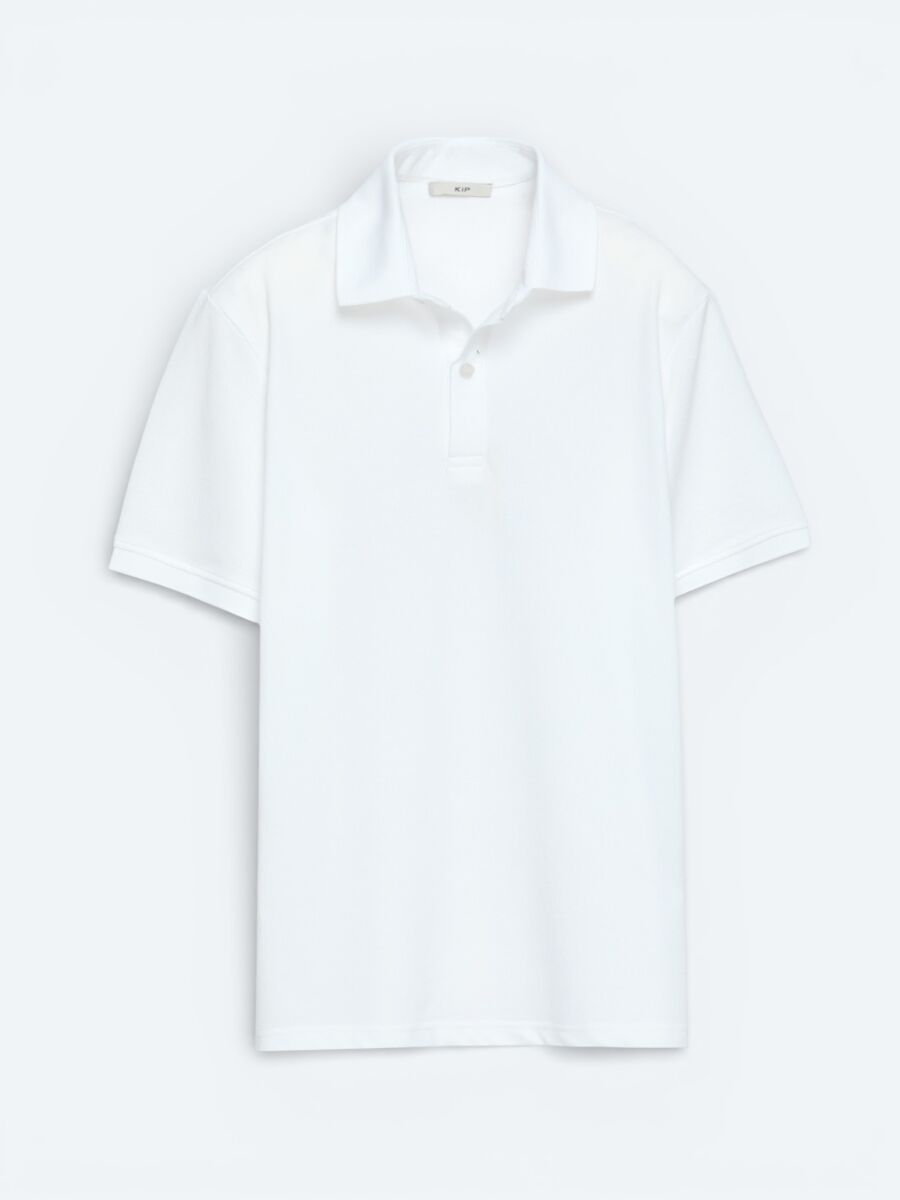 Beyaz Düz Polo Yaka Pamuk Karışımlı T-Shirt - 5
