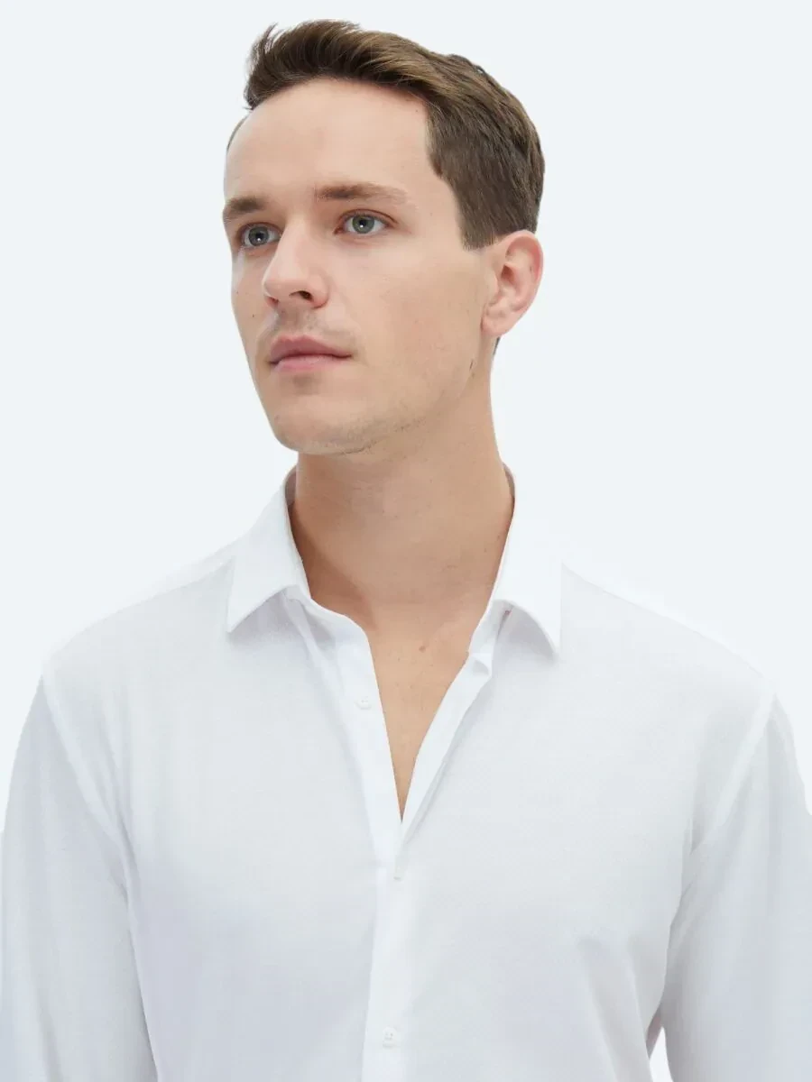 Beyaz Düz Regular Fit Casual Pamuk Karışımlı Gömlek - 3