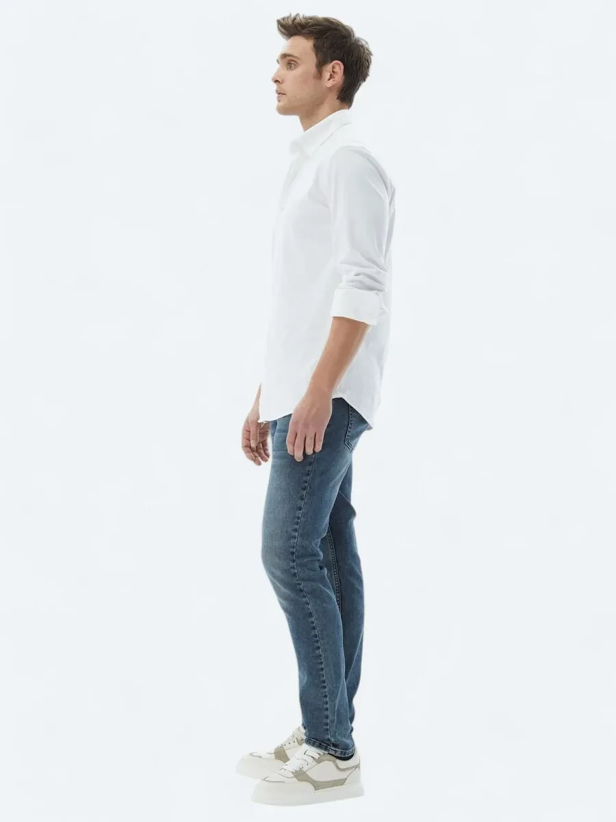 Beyaz Düz Regular Fit Dokuma Casual %100 Pamuk Gömlek - 3