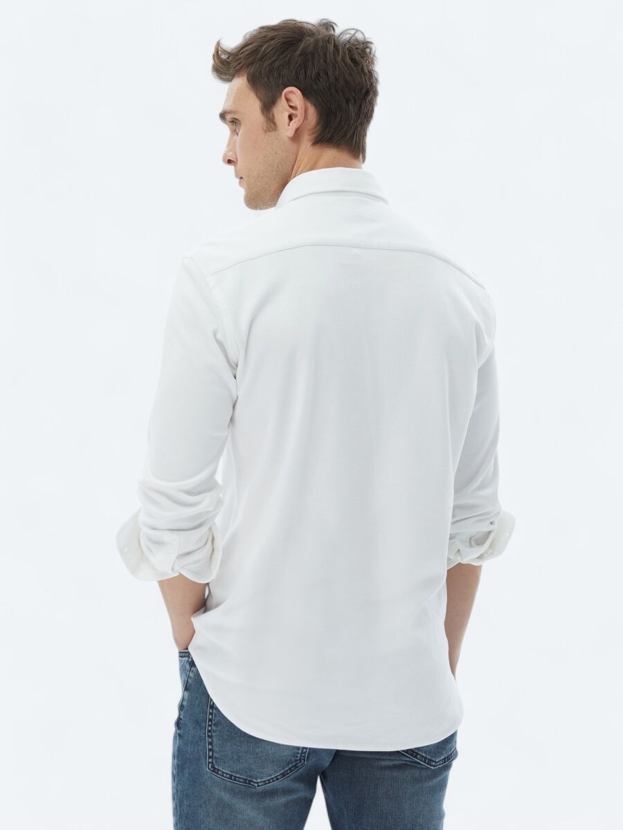 Beyaz Düz Regular Fit Dokuma Casual %100 Pamuk Gömlek - 6