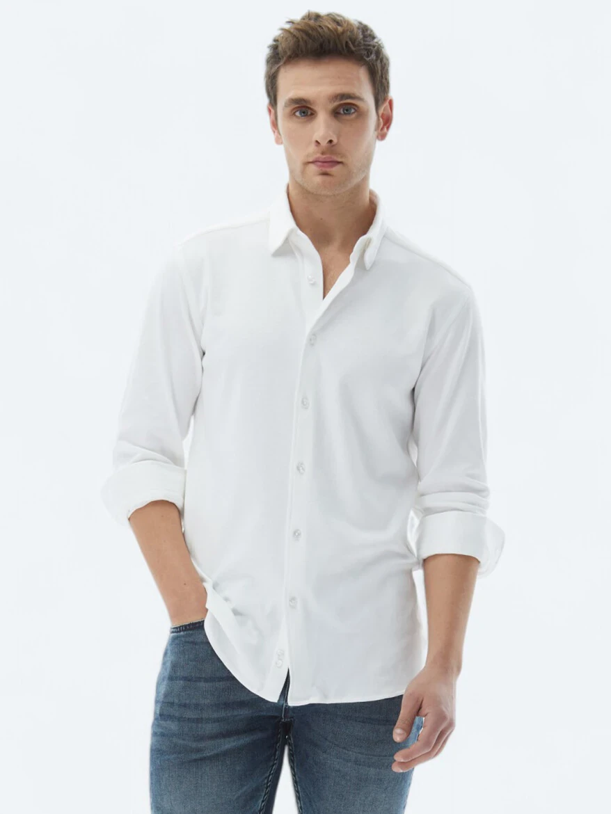 Beyaz Düz Regular Fit Dokuma Casual %100 Pamuk Gömlek - 1