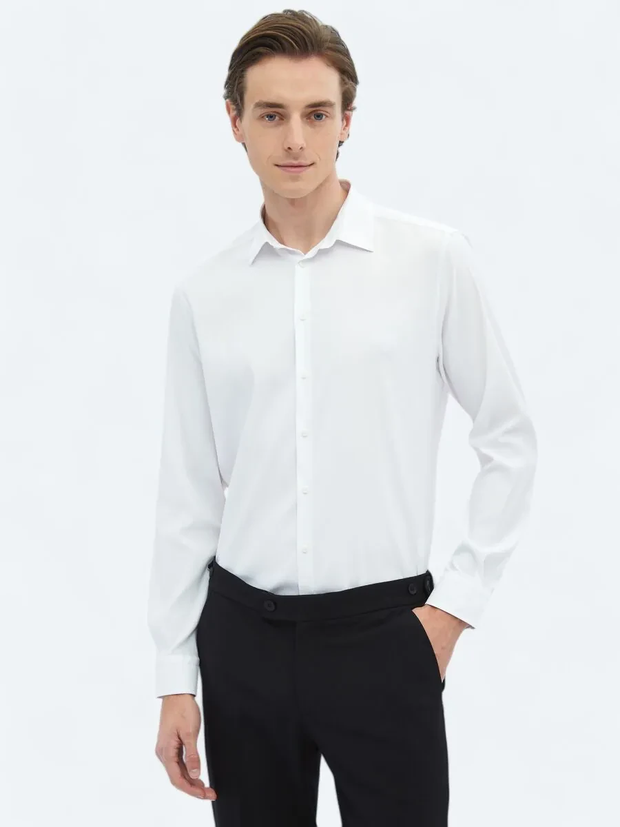 Beyaz Düz Regular Fit Dokuma Casual Gömlek - 3