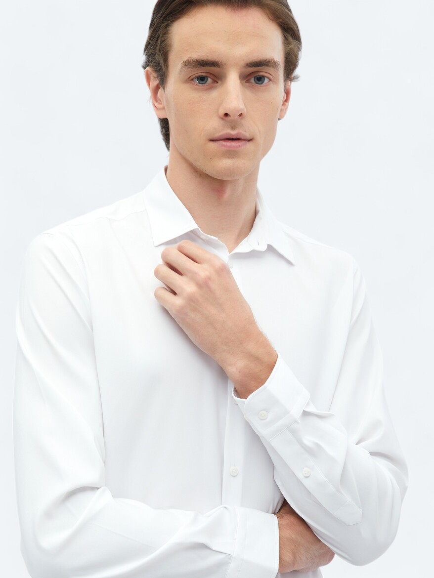 Beyaz Düz Regular Fit Dokuma Casual Gömlek - 4