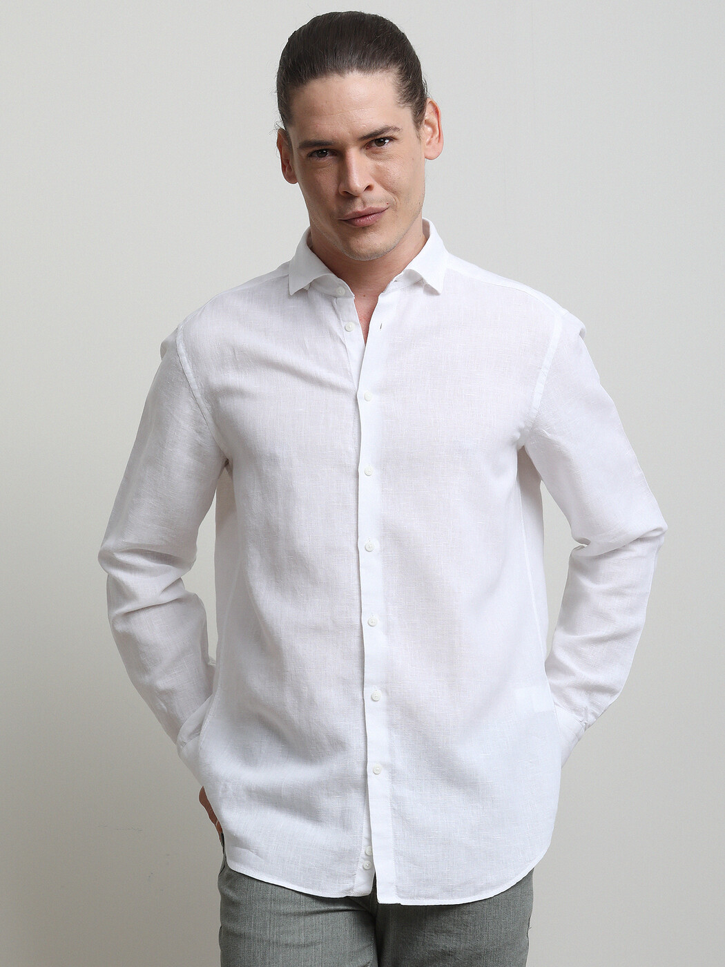 Beyaz Düz Regular Fit Dokuma Casual Pamuk Karışımlı Gömlek - 1