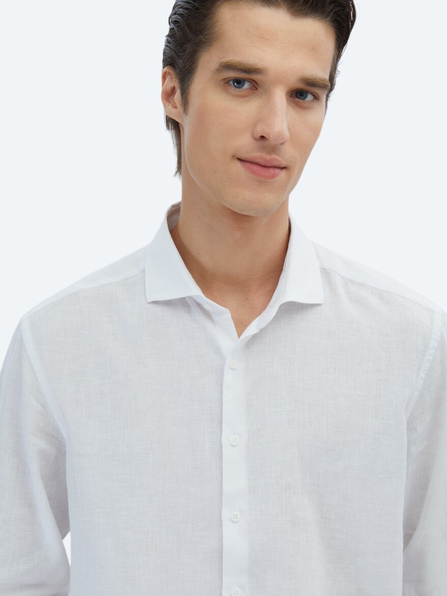 Beyaz Düz Regular Fit Dokuma Casual Pamuk Karışımlı Gömlek - 4
