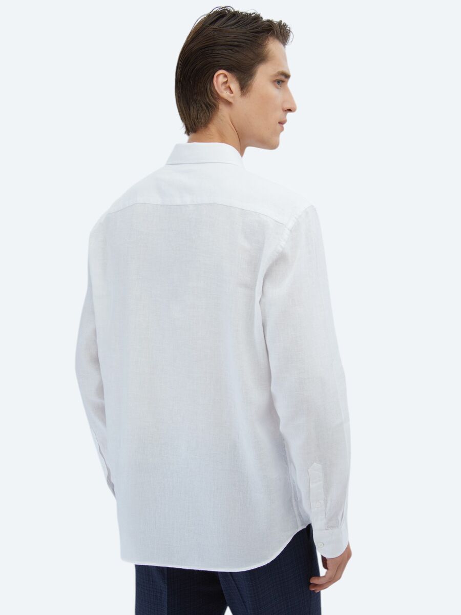 Beyaz Düz Regular Fit Dokuma Casual Pamuk Karışımlı Gömlek - 6