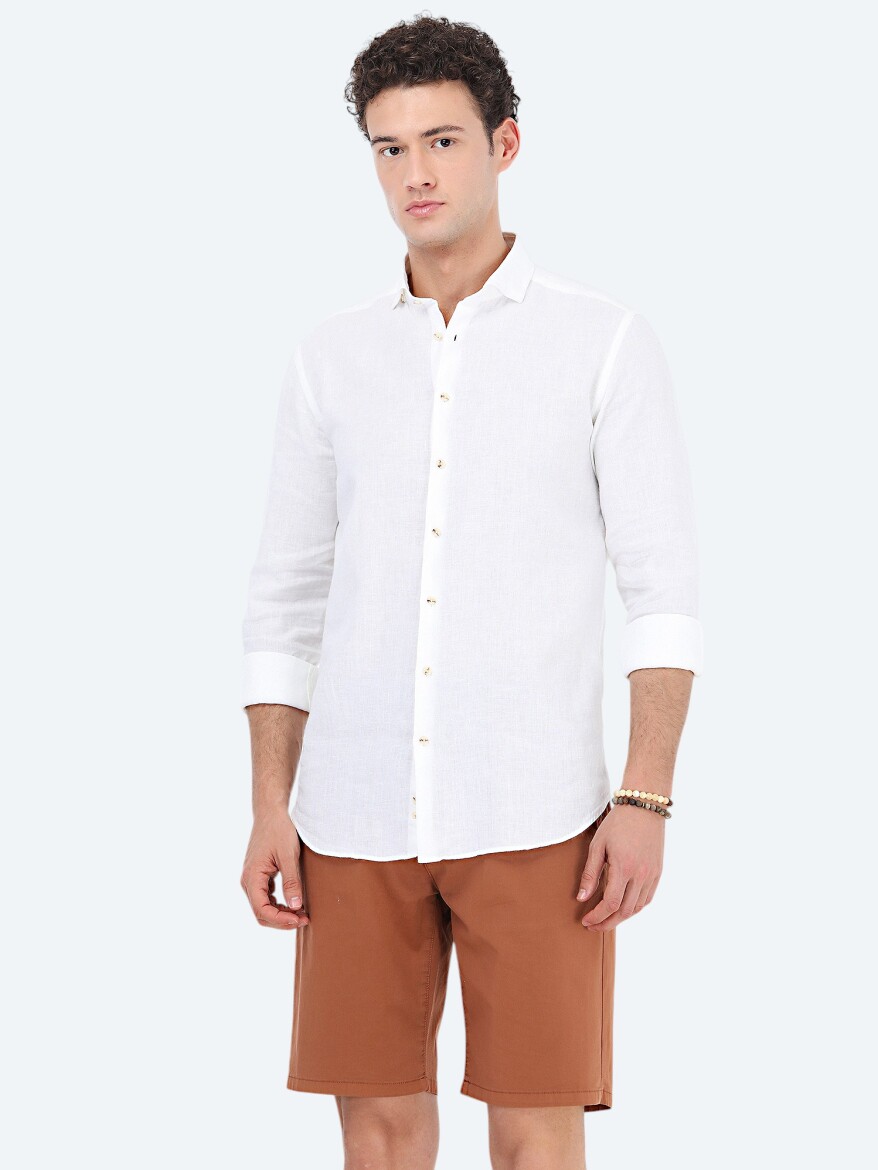Beyaz Düz Regular Fit Dokuma Casual Pamuk Karışımlı Gömlek 