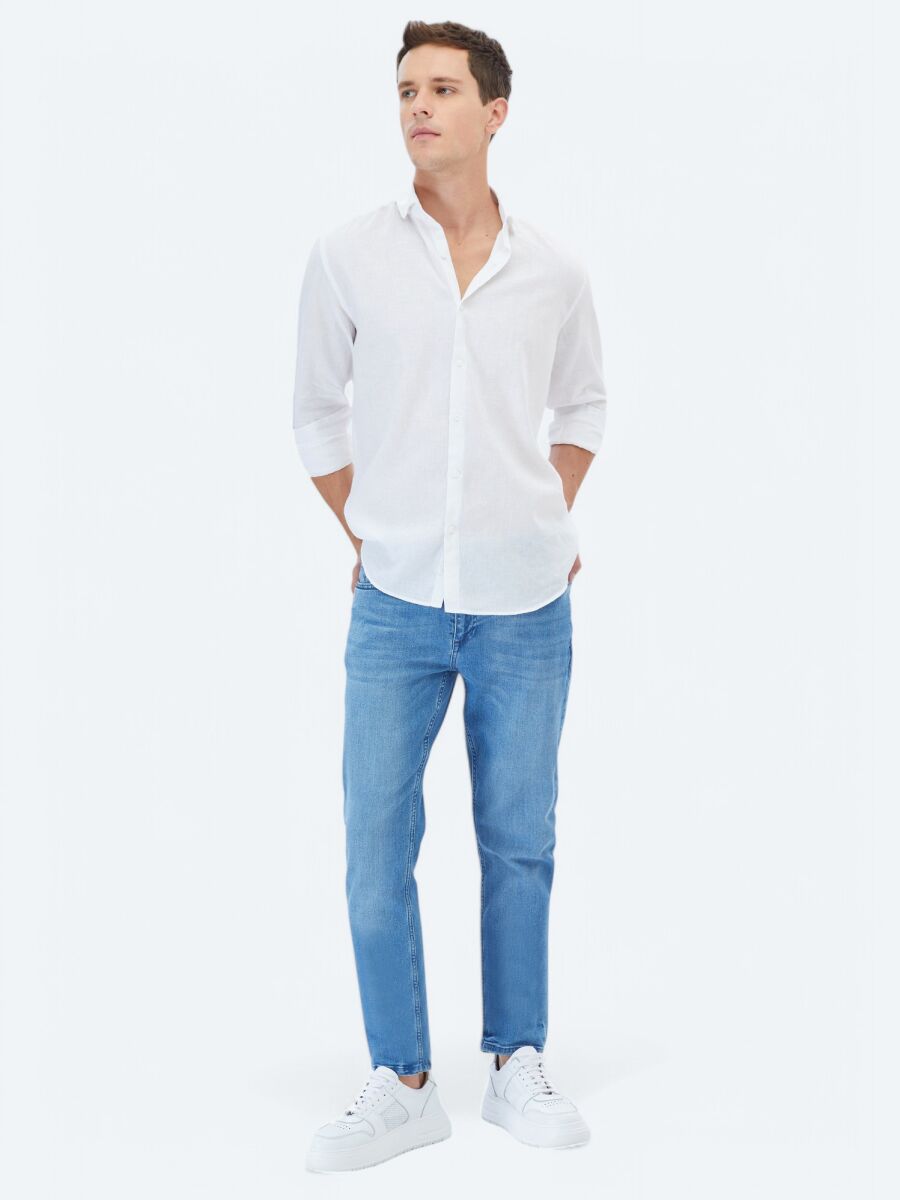 Beyaz Düz Regular Fit Dokuma Casual Pamuk Karışımlı Gömlek - 2