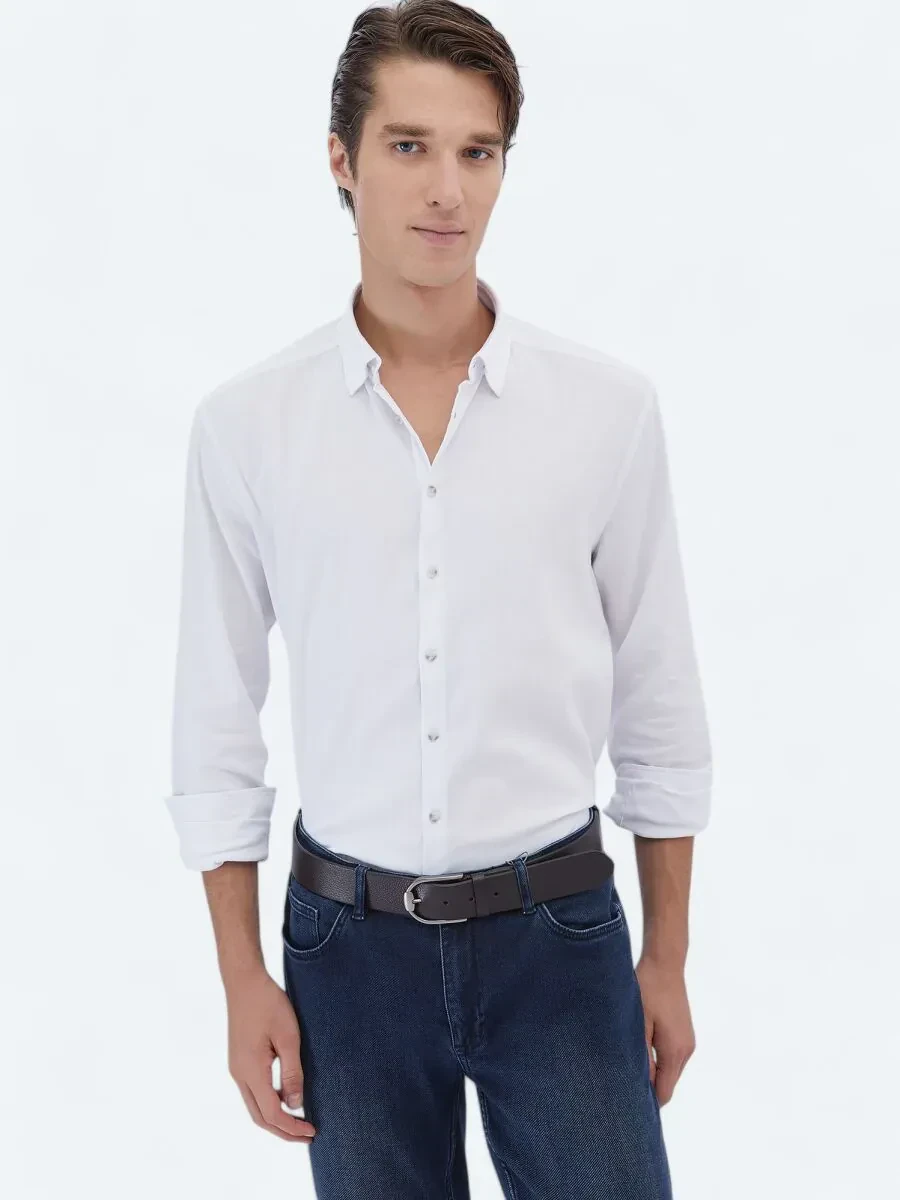 Beyaz Düz Regular Fit Dokuma Casual Pamuk Karışımlı Gömlek - 1