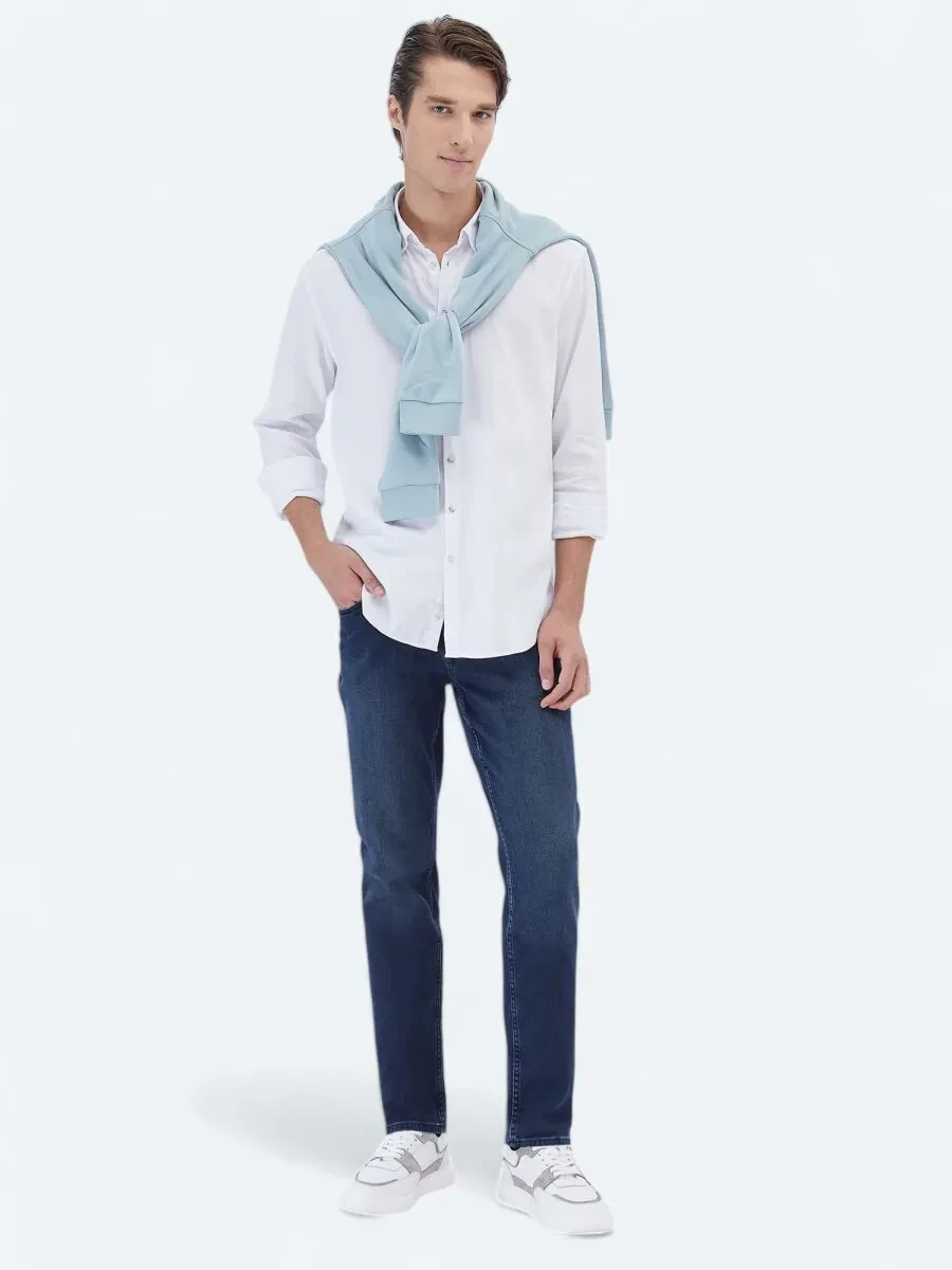 Beyaz Düz Regular Fit Dokuma Casual Pamuk Karışımlı Gömlek - 3
