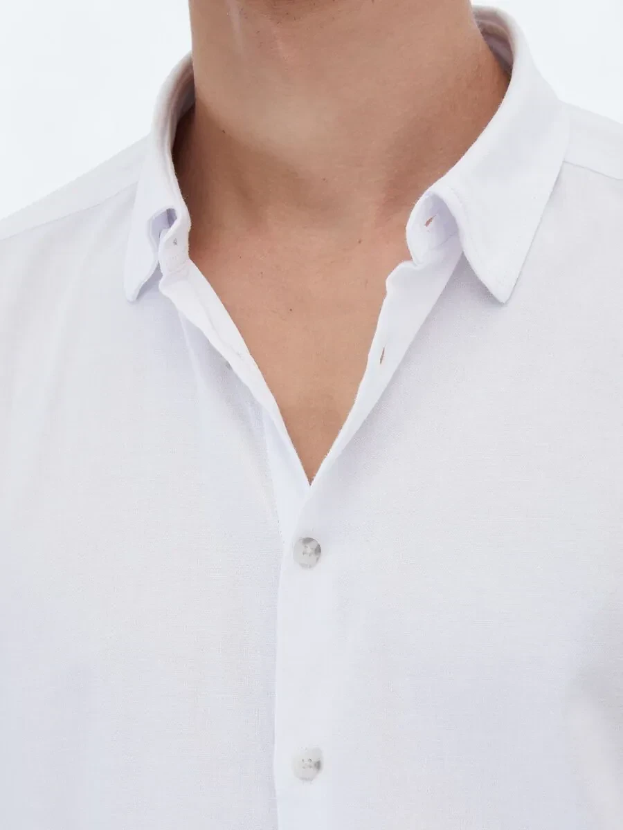 Beyaz Düz Regular Fit Dokuma Casual Pamuk Karışımlı Gömlek - 5
