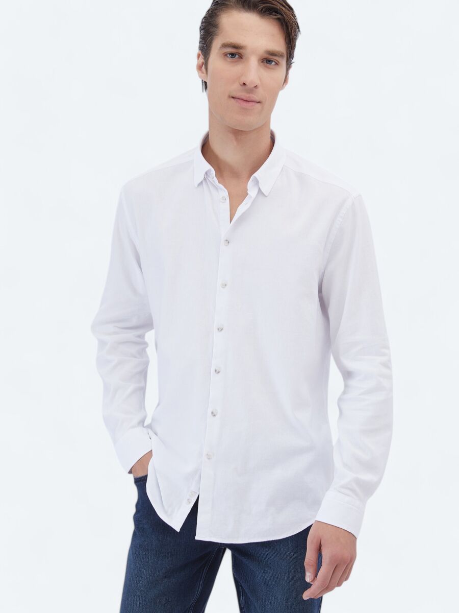 Beyaz Düz Regular Fit Dokuma Casual Pamuk Karışımlı Gömlek - 2