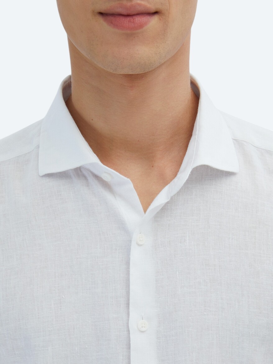 Beyaz Düz Regular Fit Dokuma Casual Pamuk Karışımlı Gömlek - 5