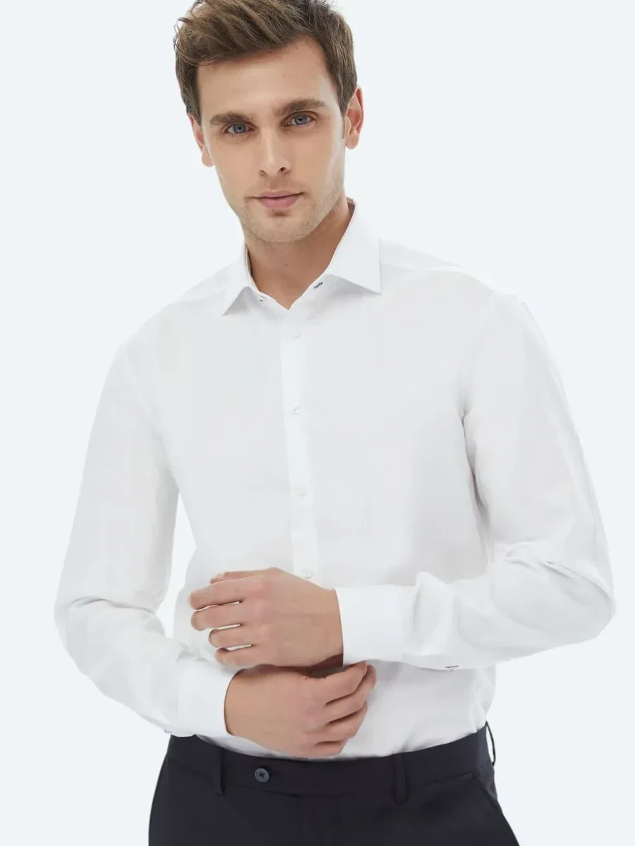 Beyaz Düz Regular Fit Dokuma Klasik %100 Pamuk Gömlek - 3