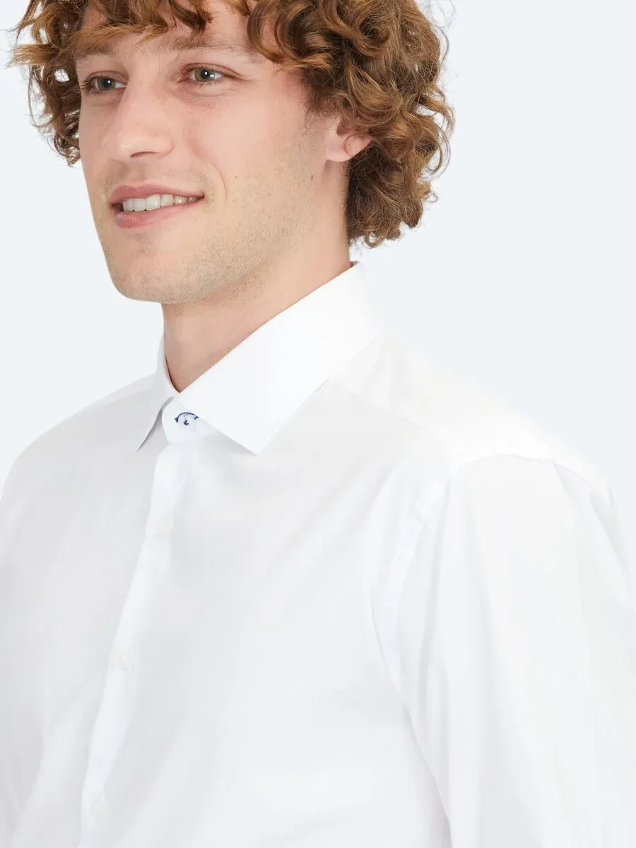 Beyaz Düz Regular Fit Dokuma Klasik %100 Pamuk Gömlek - 4