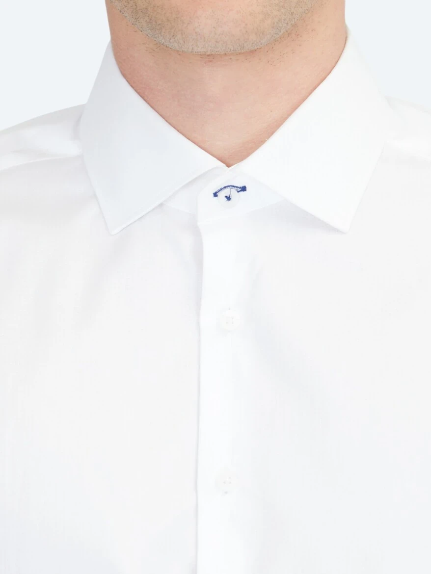 Beyaz Düz Regular Fit Dokuma Klasik %100 Pamuk Gömlek - 5