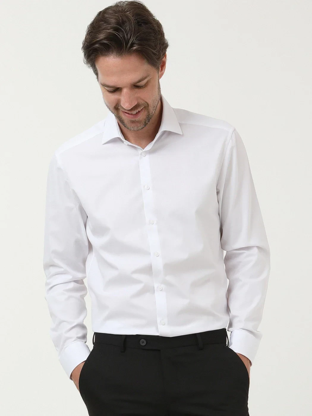 Beyaz Düz Regular Fit Dokuma Klasik Pamuk Karışımlı Gömlek - 3