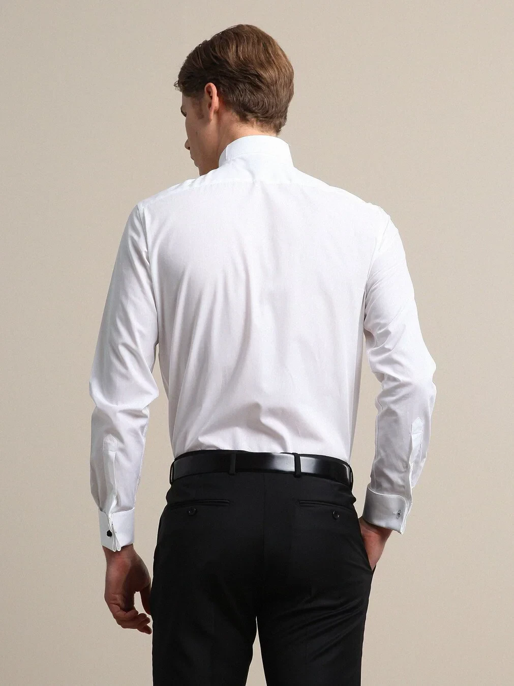 Beyaz Düz Regular Fit Duble Manşet Ata Yaka Smokin Gömlek - 5