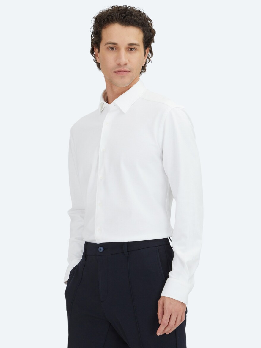 Beyaz Düz Regular Fit Uzun Casual %100 Pamuk Gömlek - KİP