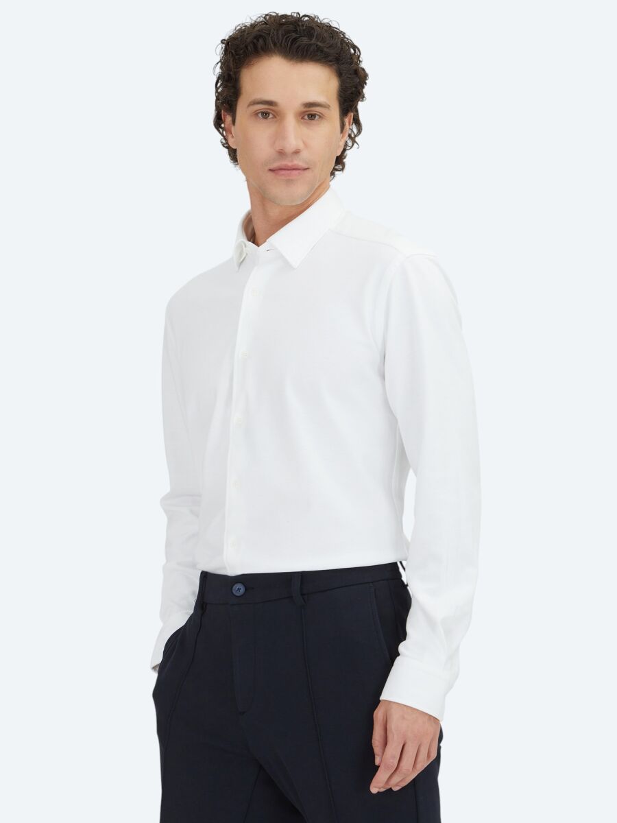 Beyaz Düz Regular Fit Uzun Casual %100 Pamuk Gömlek - 1