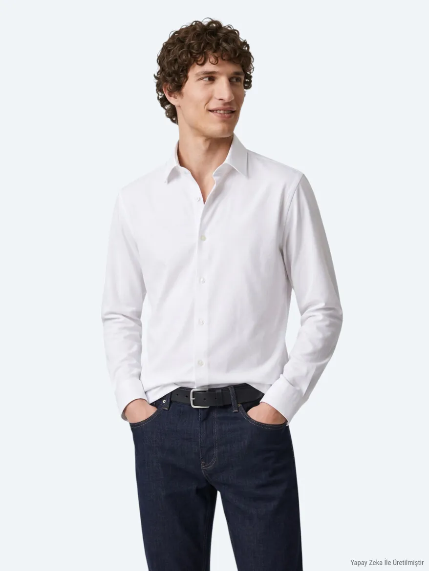 Beyaz Düz Regular Fit Uzun Casual %100 Pamuk Gömlek - KİP