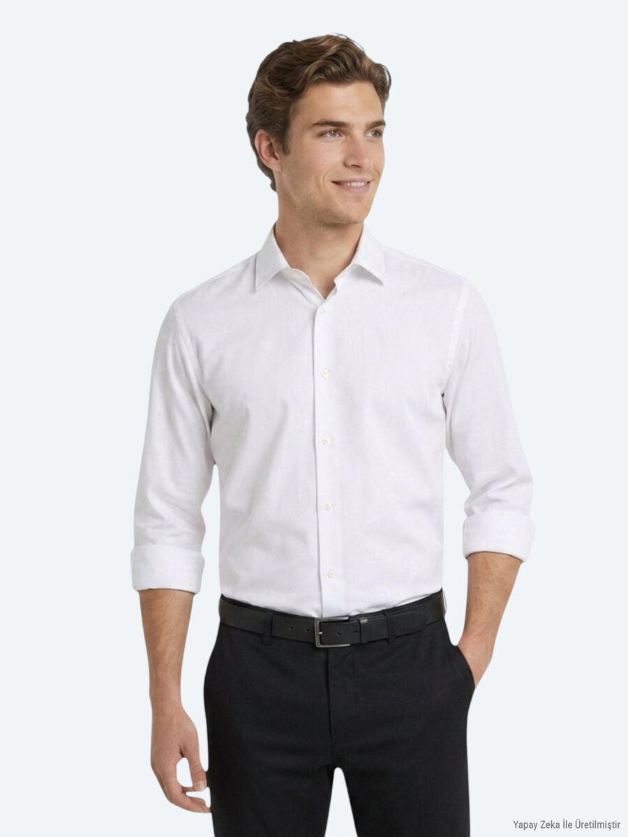 Beyaz Düz Regular Fit Uzun Casual Gömlek - 1