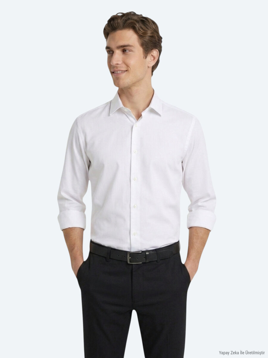 Beyaz Düz Regular Fit Uzun Casual Gömlek - 4