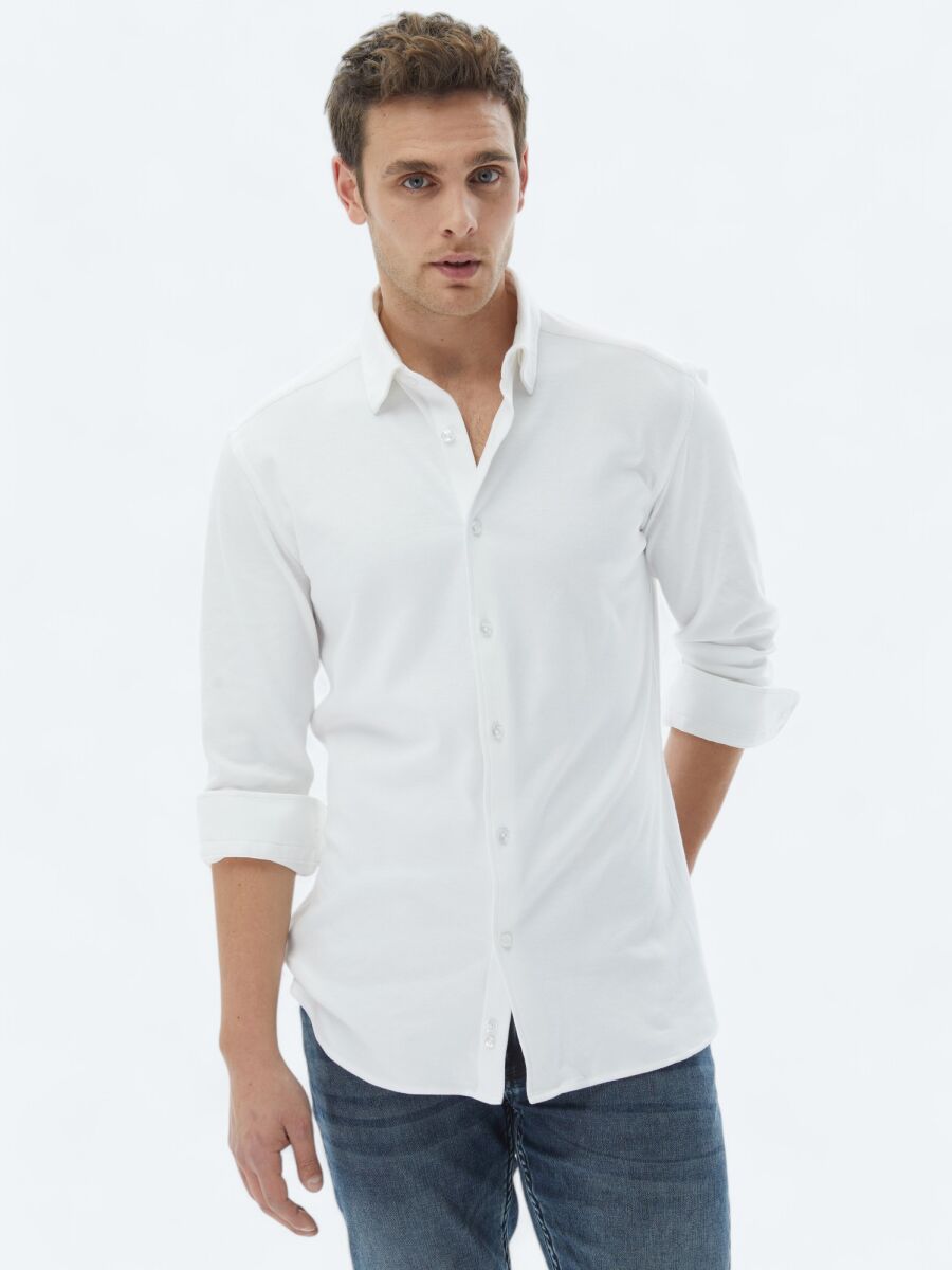 Beyaz Düz Regular Fit Uzun Dokuma Casual %100 Pamuk Gömlek - 1