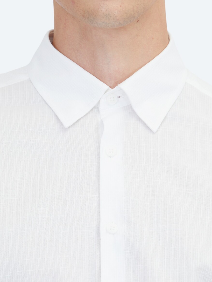 Beyaz Düz Regular Fit Uzun Dokuma Casual %100 Pamuk Gömlek - 4