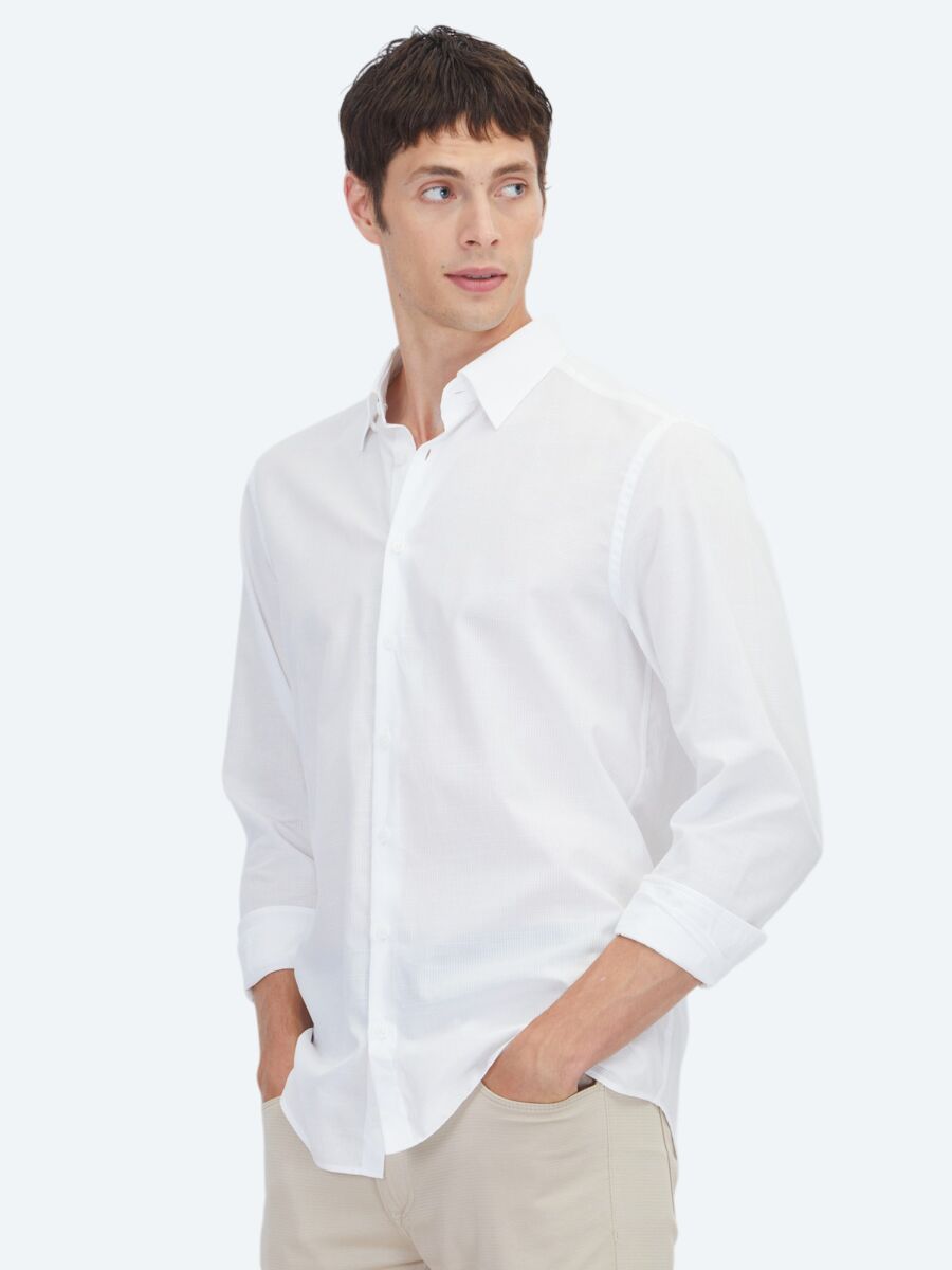 Beyaz Düz Regular Fit Uzun Dokuma Casual %100 Pamuk Gömlek - 1