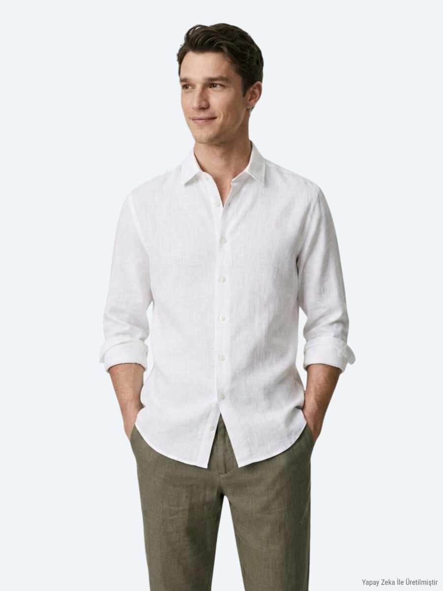 Beyaz Düz Regular Fit Uzun Dokuma Casual %100 Pamuk Gömlek - 4