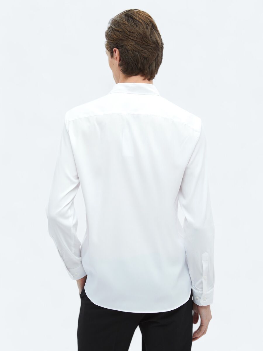 Beyaz Düz Regular Fit Uzun Dokuma Casual Gömlek - 6