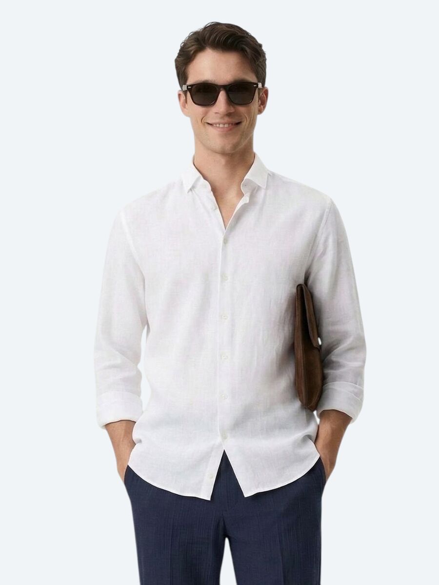 Beyaz Düz Regular Fit Uzun Dokuma Casual Pamuk Karışımlı Gömlek - 4