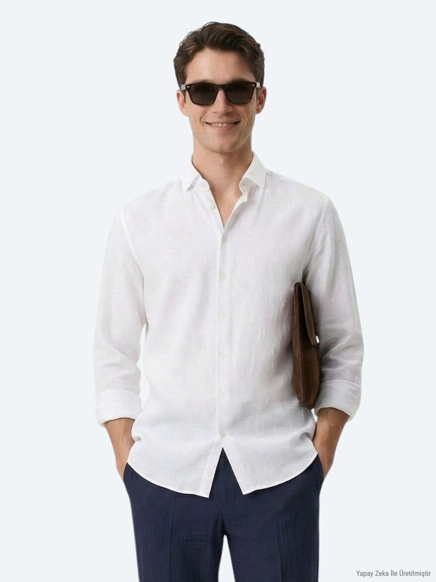 Beyaz Düz Regular Fit Uzun Dokuma Casual Pamuk Karışımlı Gömlek - 4
