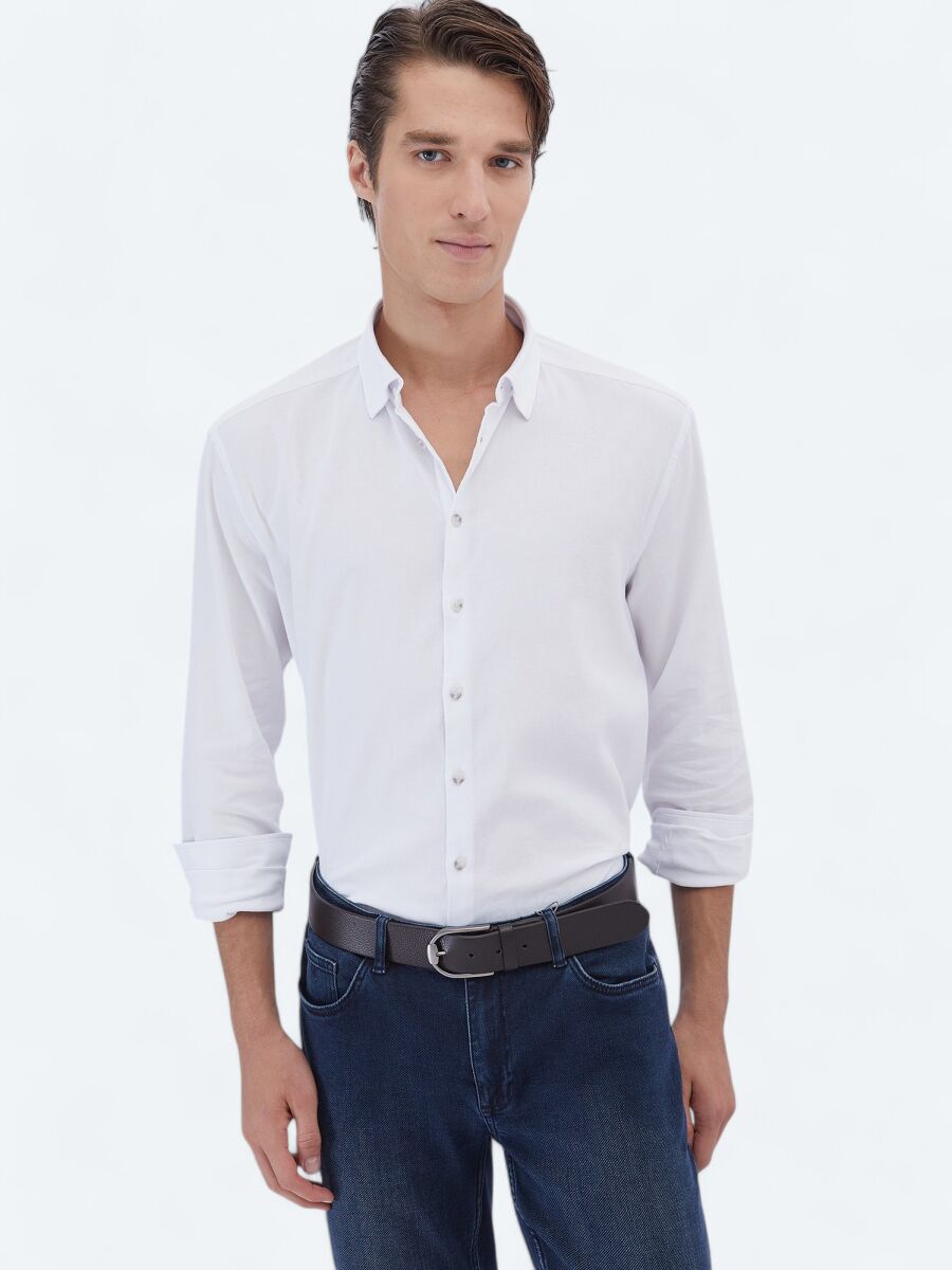 Beyaz Düz Regular Fit Uzun Dokuma Casual Pamuk Karışımlı Gömlek - 1