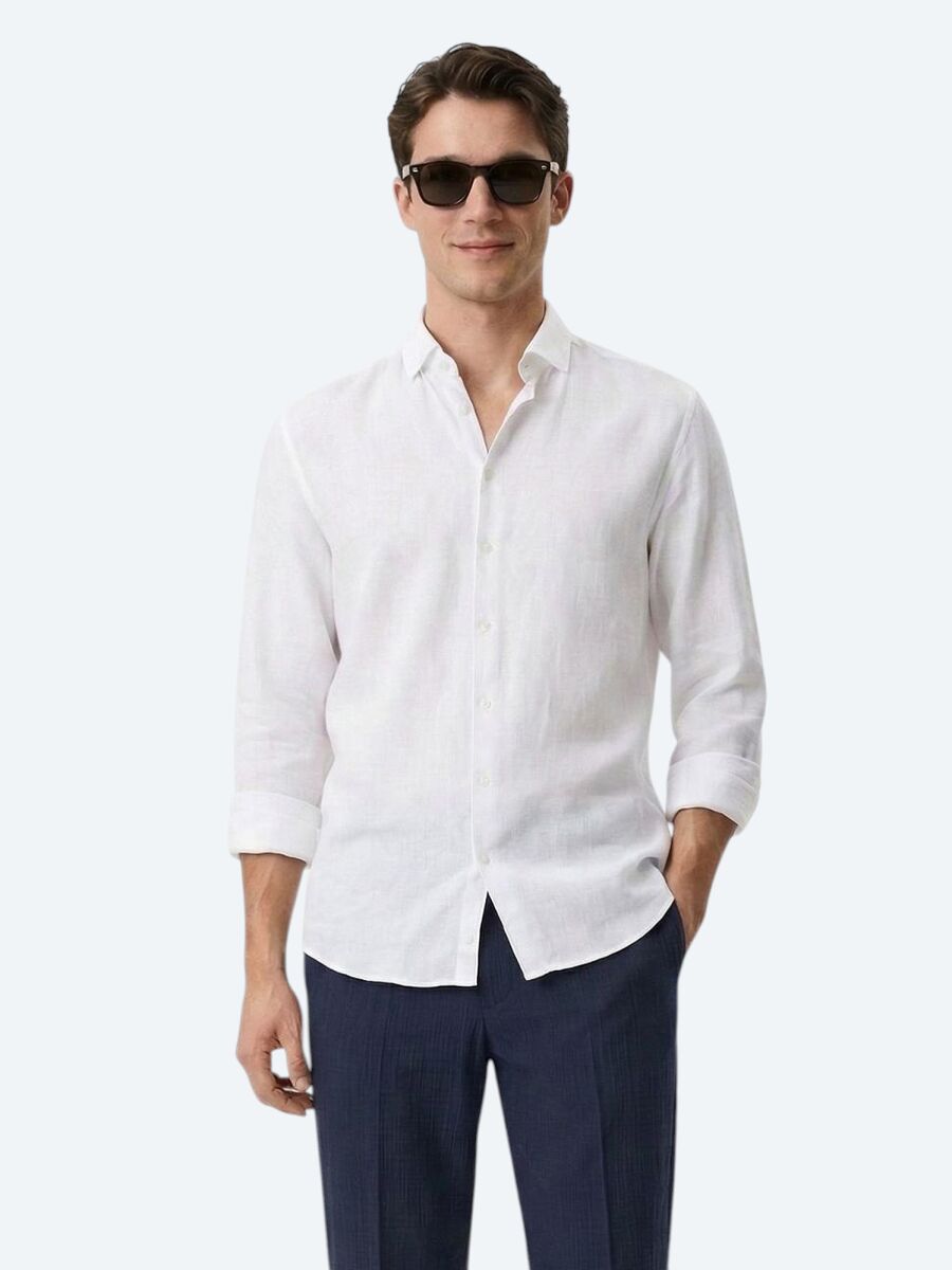 Beyaz Düz Regular Fit Uzun Dokuma Casual Pamuk Karışımlı Gömlek - 1