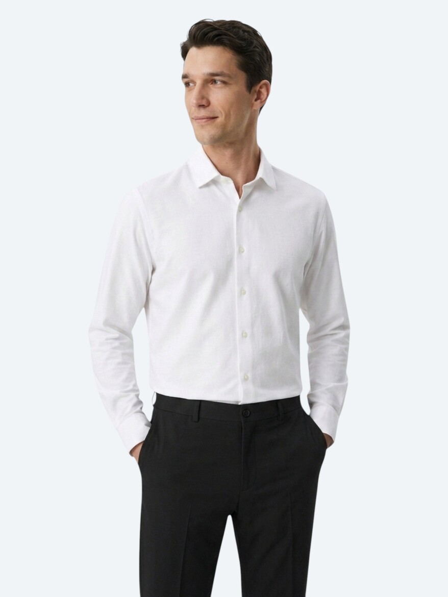 Beyaz Düz Regular Fit Uzun Dokuma Casual Pamuk Karışımlı Gömlek 
