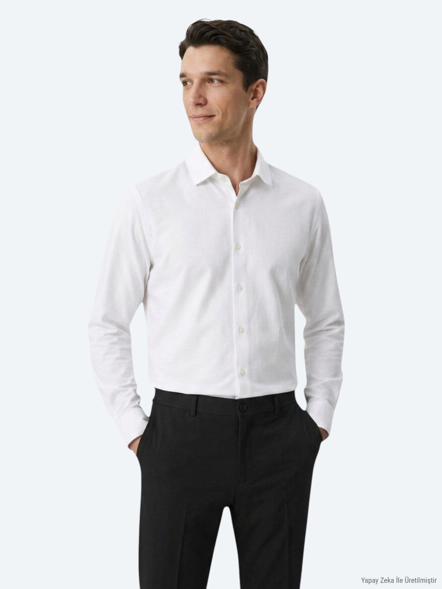 Beyaz Düz Regular Fit Uzun Dokuma Casual Pamuk Karışımlı Gömlek - KİP