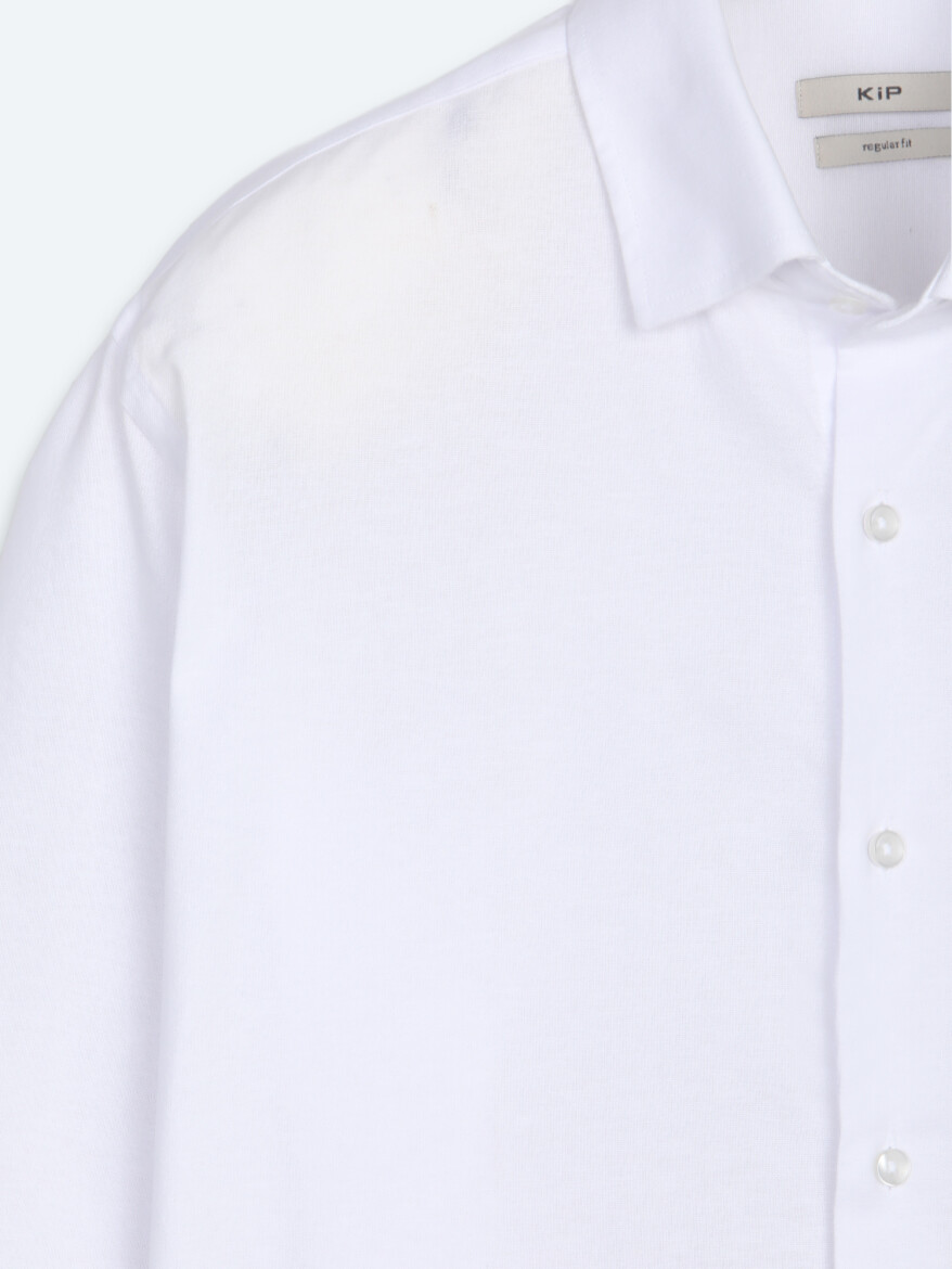 Beyaz Düz Regular Fit Uzun Dokuma Casual Pamuk Karışımlı Gömlek - 7