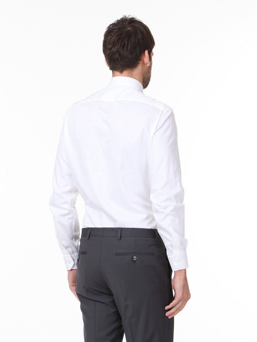 Beyaz Düz Slim Fit Dokuma Klasik %100 Pamuk Gömlek - 4