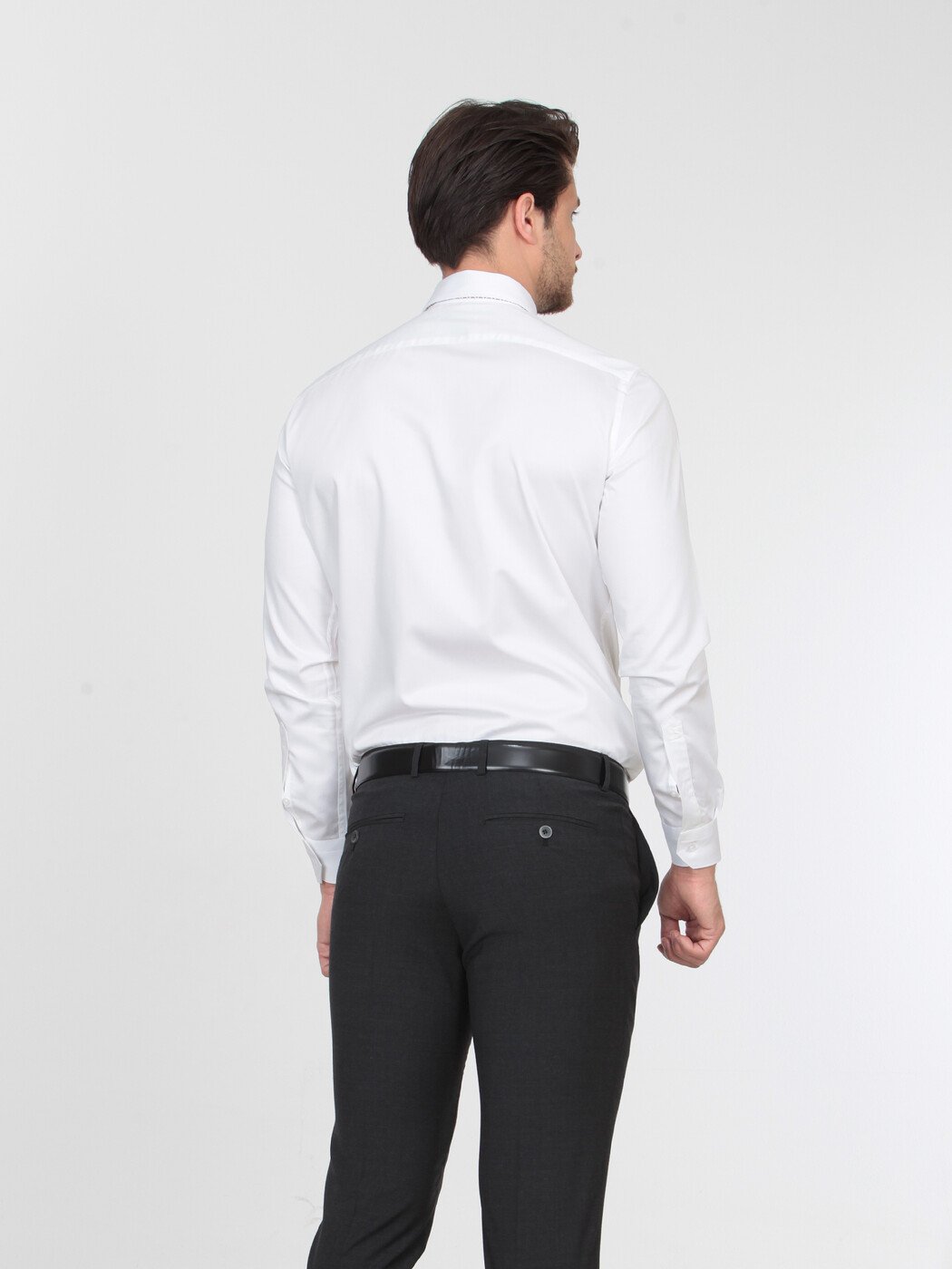 Beyaz Düz Slim Fit Dokuma Klasik %100 Pamuk Gömlek - 4