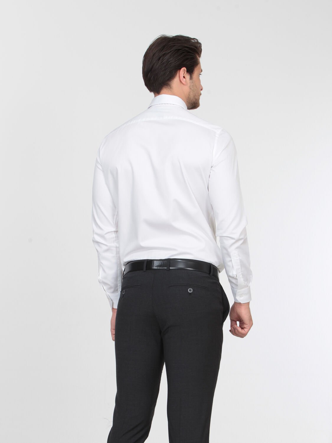 Beyaz Düz Slim Fit Dokuma Klasik %100 Pamuk Gömlek - 4